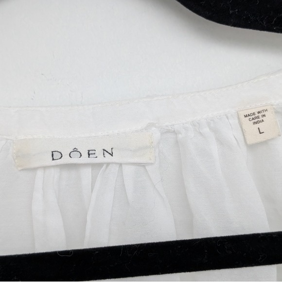 Doen Jiana Top Organic Cotton Blend Women's White Button Blouse Sz L Semi Sheer - Picture 5 of 6